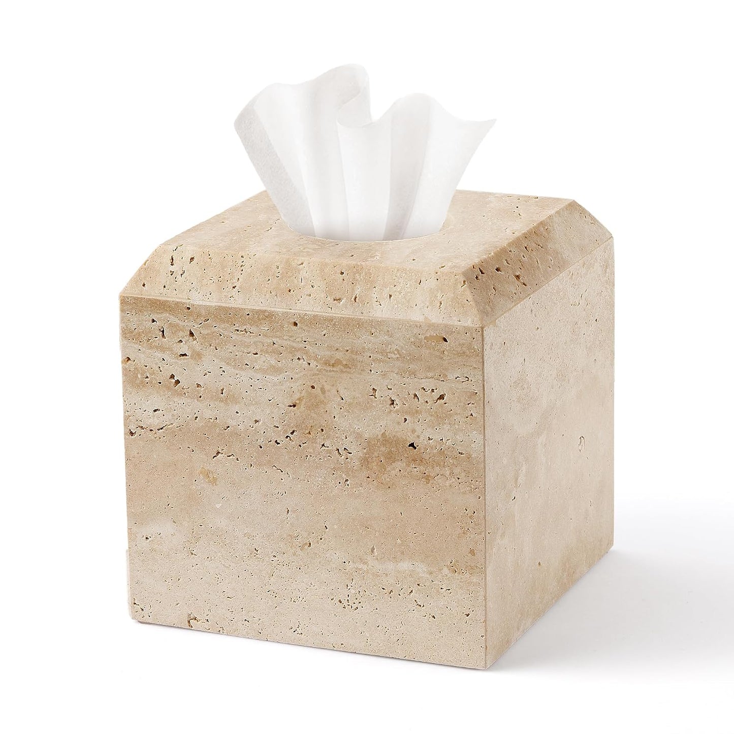 Tissue Box Cover Italy Natural Travertine Stone Heavy Duty Square Facial Toilet Paper Holder for Bathroom Living Room Bedroom Dresser Kitchen Minimalistic Office Home Decor Beige (TBC145WT)