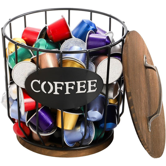Coffee Pod Holder with Lid, Large Capacity K Cup H... (black | Metal, Wood)