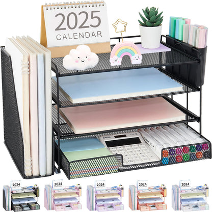 Desk Organizer, 4-Tier Desktop File Organizer with Drawer and Pen Holders, Office Desk Accessories, File Sorters, Workspace Organizers for Office Supplies(Black)