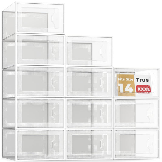 XXX-Large Fit Size 14 Shoe Storage Box, Clear Plastic Stackable Shoe Organizer for Closet, Shoe Rack Sneaker Container Bin Holder for Entryway, Closet, Under Bed