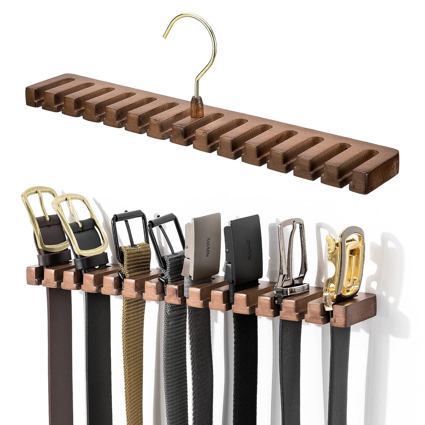 Wooden Belt Rack for Closet Wall Mount, Sturdy Belt Hanger Organizer Holds 14 Belts, Space Saving Belt Holder for Closet Door Wall, Walnut