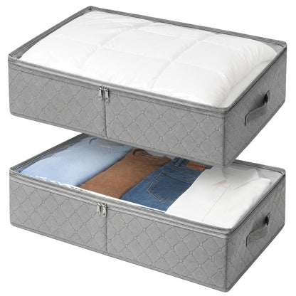 LotFancy Under Bed Storage Bags with Clear Window & Handles, 24” x 16” x 6" | Foldable Closet Organizers, Clothes Blankets Container, Space-saving Storage Bins, with Cardboard Support, Pack of 2, Gray