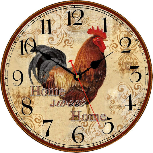 TAHEAT 12 Inch Rooster Wall Clock, Home Sweet Home Farmhouse Decor, Red Vintage Chicken Battery Operated Wall Clocks for Kitchen/Bedroom/Dining Room/Office