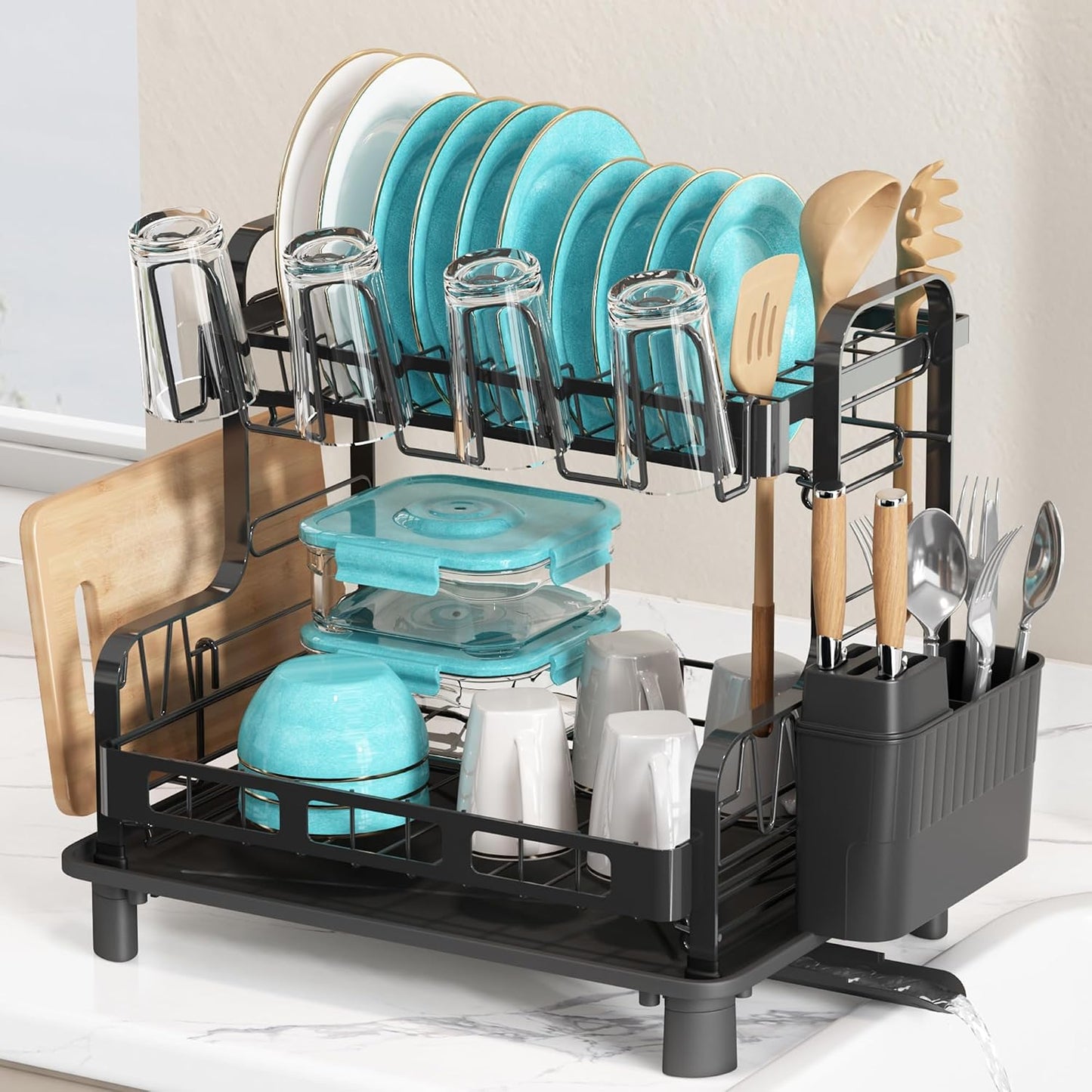 2 Tier Dish Drying Racks for Kitchen Counter with... (Black | Stainless Steel)