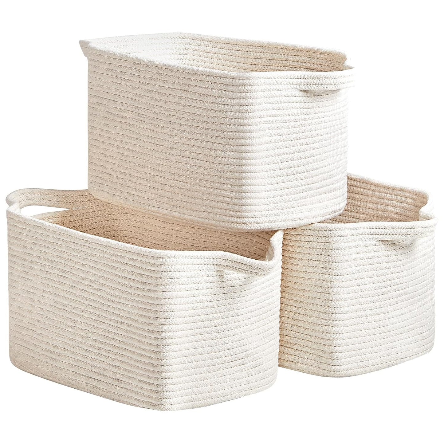 R RUNKA Cotton Rope Basket Set of 3 (15"x10.2"x9.1") - Rectangle Storage Bins - Versatile Toy Storage Organizer - Perfect for Kids, Dog Toys, Books, Shelves - White