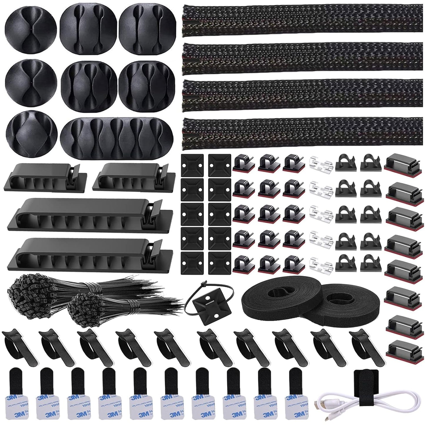 311Pcs Cable Management Organizer Kit 4 Cable Sleeve Split | 53Cable Clips 12Cord Clips Holder,22 Cable Ties, 20 Adhesive Wall Cable Tie, 200Fasten Cable Ties for TV Office Home