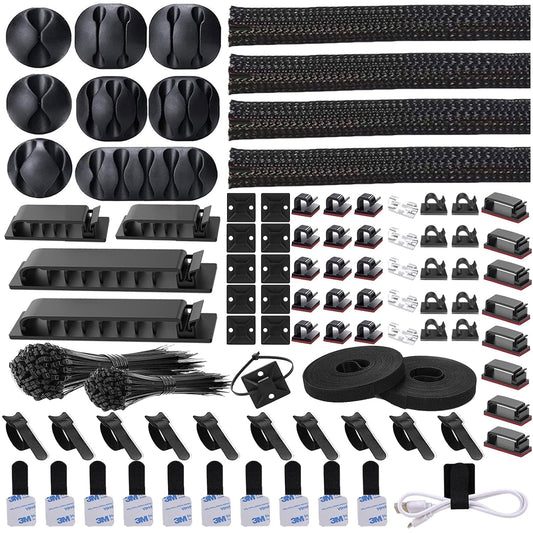 311Pcs Cable Management Organizer Kit 4 Cable Sleeve Split | 53Cable Clips 12Cord Clips Holder,22 Cable Ties, 20 Adhesive Wall Cable Tie, 200Fasten Cable Ties for TV Office Home