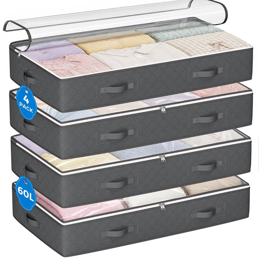 Under Bed Storage Containers, Storage Bins with Clear Lids | 4 Pack foldable organizers for clothes, blankets, shoes, bed sheets, comforter, wrapping paper, dorm storage