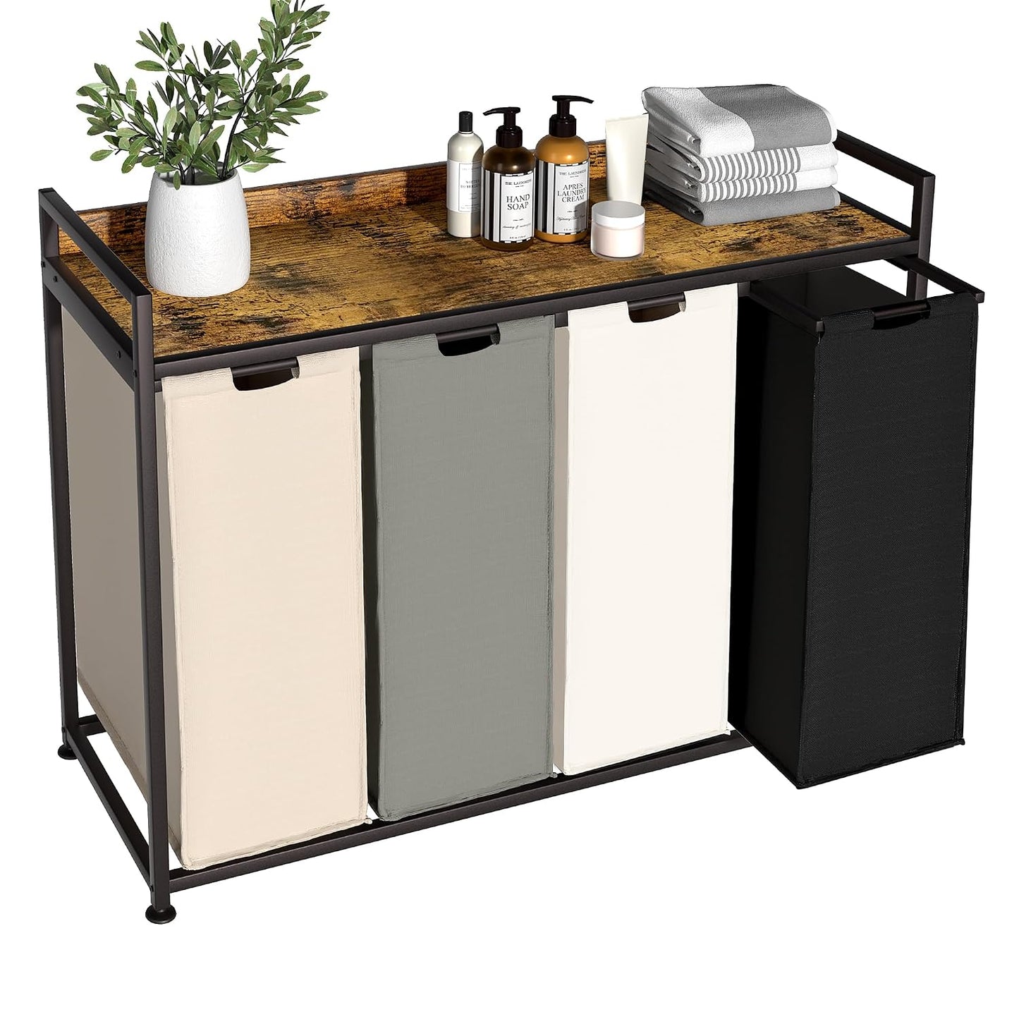 Laundry Hamper with Shelf, Laundry Basket 4 Section, Laundry Sorter with Pull-Out Removable Large 4 Color Bags and Movable Wheels, Metal Frame, 4 x 15.87 Gallons (60L), Rustic Brown PF07XLN