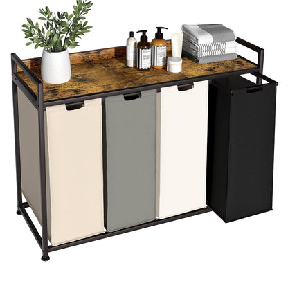 Laundry Hamper with Shelf, Laundry Basket 4 Section, Laundry Sorter with Pull-Out Removable Large 4 Color Bags and Movable Wheels, Metal Frame, 4 x 15.87 Gallons (60L), Rustic Brown PF07XLN