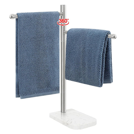 Hand Towel Holder, F-Shape Hand Towel Stand with Marble Base, Stainless Steel Swivel Hand Towel Rack Standing Towel Bar for Bathroom Kitchen Countertop, 2 Arms (Brushed Nickel)