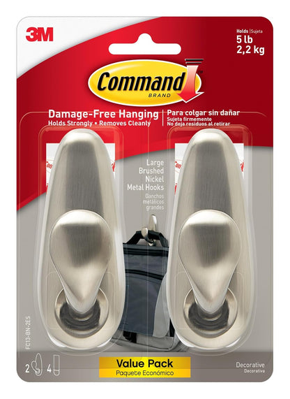Command 5 lb Large Brushed Nickel Metal Hooks, 2 Coat Hooks and 4 Strips, Damage-Free Hanging with Adhesive, Great for Hanging Back to School Dorm Organizers