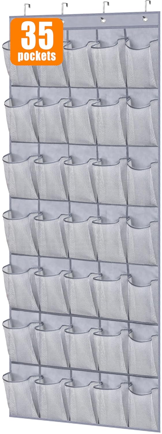 MISSLO 35 Large Pockets Over The Door Shoe Organizer Sturdy Oxford Fabric Hanging Shoe Rack for Door Mesh Closet Shoe Holder Hanger, Grey