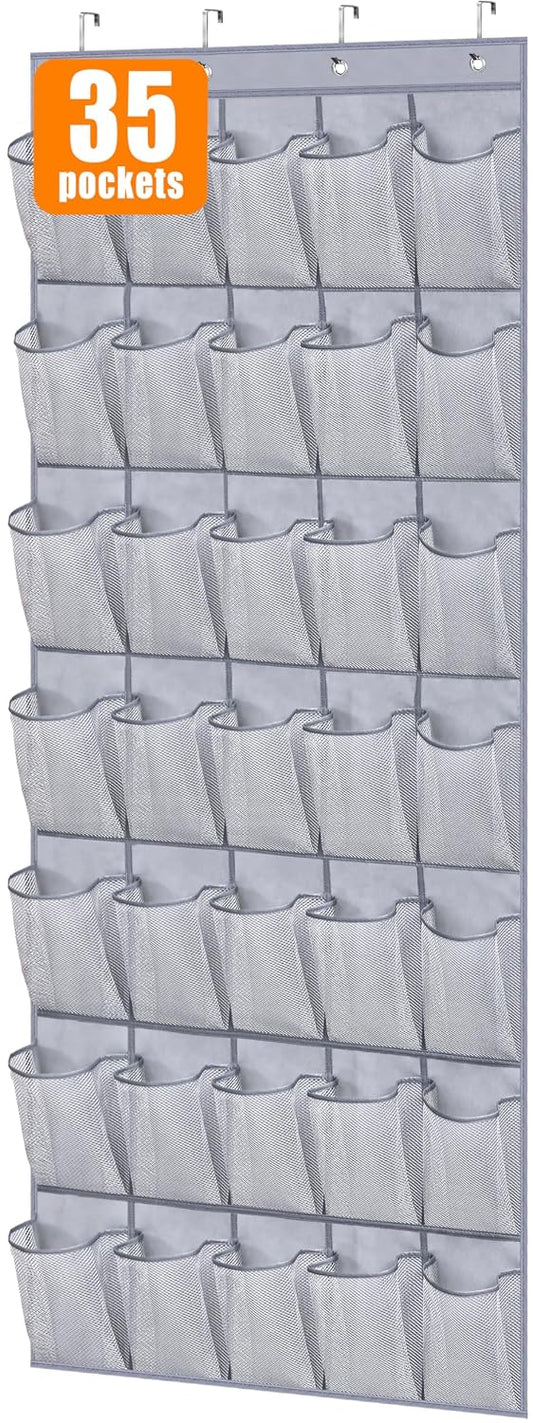 MISSLO 35 Large Pockets Over The Door Shoe Organizer Sturdy Oxford Fabric Hanging Shoe Rack for Door Mesh Closet Shoe Holder Hanger, Grey