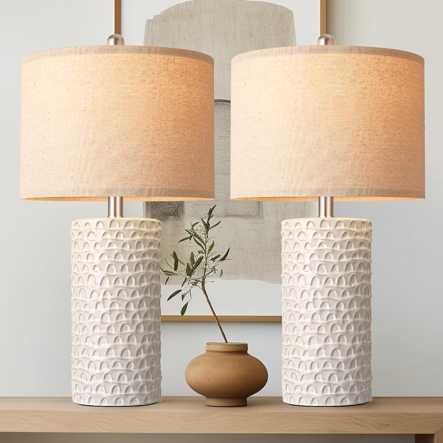 23" Modern Ceramic Table Lamp Set of 2, Table Lamps for Living Room, Rustic Farmhouse Bedside Lamps Nightstand lamp for Bedroom, White Desk Lamp for End Table Home Decor Beige