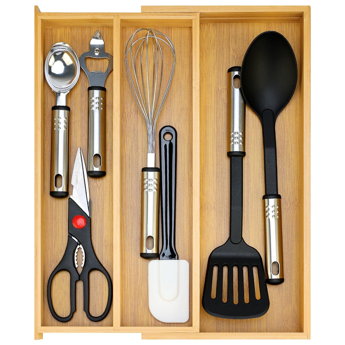 Large Bamboo Kitchen Utensil Drawer Organizer Expandable Silverware Tray | Big Cooking Utensil Drawer Divider Spoon Flatware Organizer Storage Adjustable Wooden Cutlery Holder Tool Knife Spatula Tray
