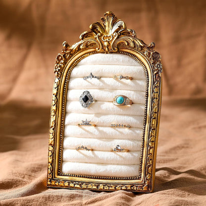 Liliaafar Vintage Ring Holder Arch Gold Ring Wedding Display Suede Jewelry Box Stand Frame Earring Tray Anniversary Engagement Baroque Organizer Photograph Prop for Women Birthday Christmas Gift