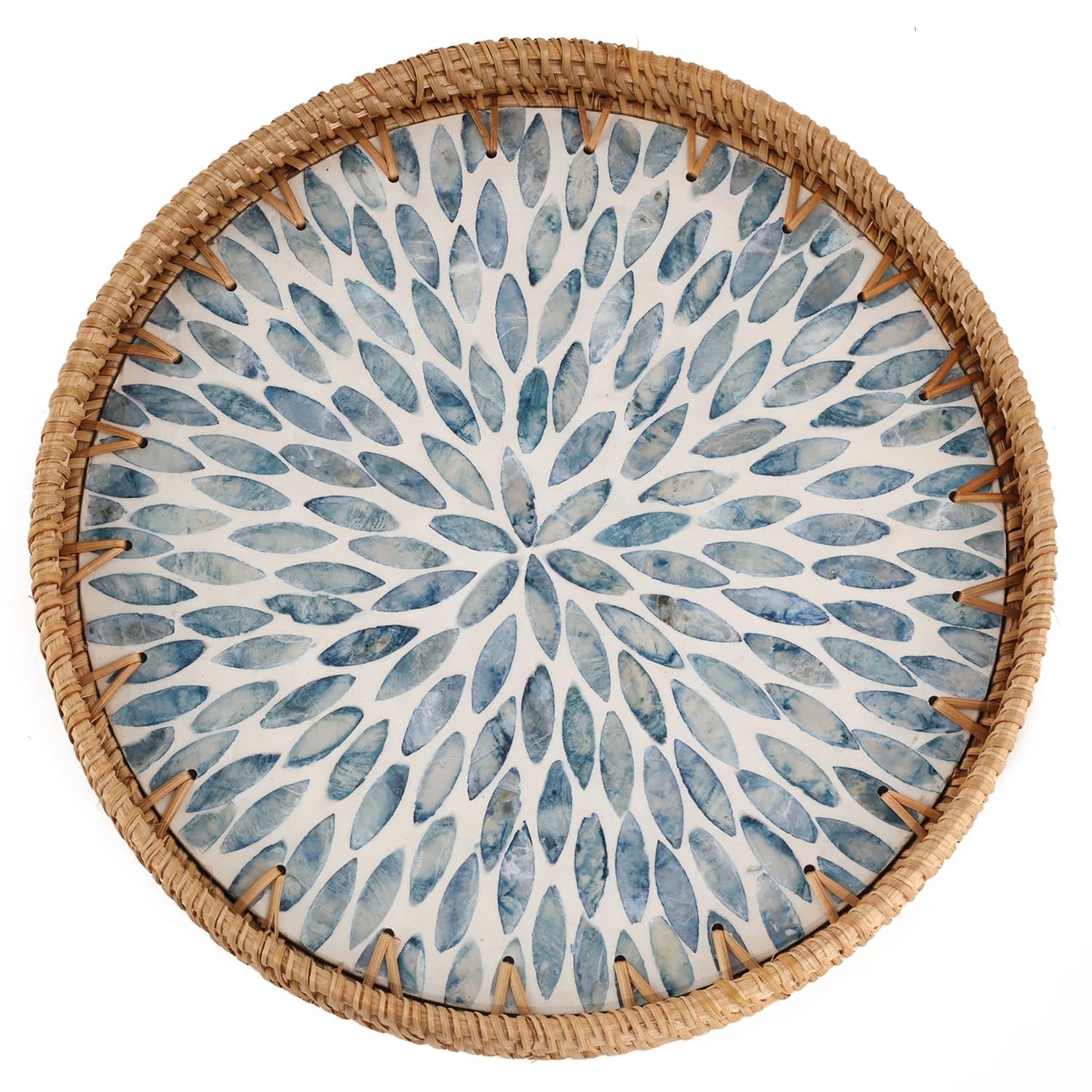 Round Rattan Tray with Mother of Pearl Inlay, Rattan Serving Tray for Coffee, Bread, Fruits, Decorative Wicker Tray for Table Decor, Home Decor, Kitchen Island Decor (Light Blue Leaf, 11.8")