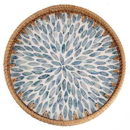 Round Rattan Tray with Mother of Pearl Inlay, Rattan Serving Tray for Coffee, Bread, Fruits, Decorative Wicker Tray for Table Decor, Home Decor, Kitchen Island Decor (Light Blue Leaf, 11.8")
