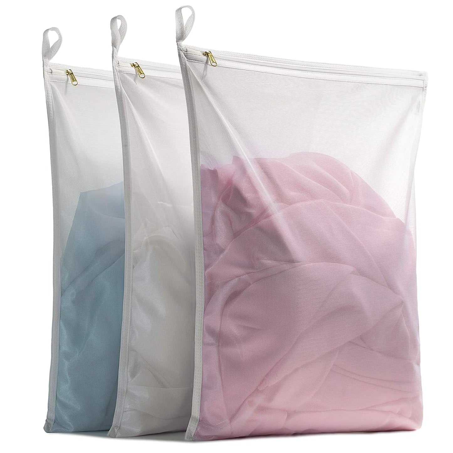 TENRAI Delicates Laundry Bags, Bra Fine Mesh Wash Bag for Underwear, Lingerie, Bra, Pantyhose, Socks, Use YKK Zipper, Have Hanger Loops, (White, 3 Large)