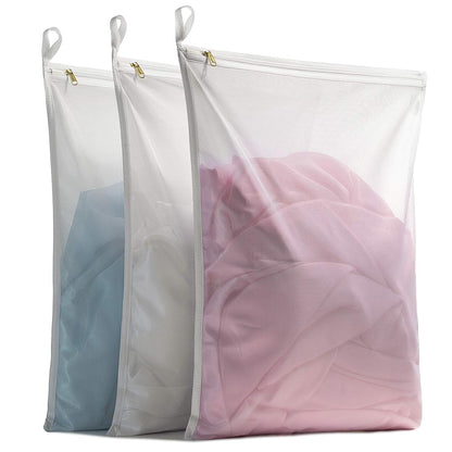 TENRAI Delicates Laundry Bags, Bra Fine Mesh Wash Bag for Underwear, Lingerie, Bra, Pantyhose, Socks, Use YKK Zipper, Have Hanger Loops, (White, 3 Large)