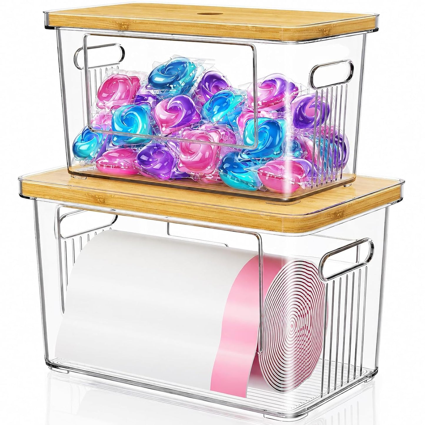 2 Pack Trash Bag Holder with Bamboo Lid for Laundry & Dishwasher Pods, Acrylic Trash Bag Dispenser Roll Containers Under Sink, Plastic Container Garbage Bags Storage Organizer for Kitchen,Cabinet, Pod