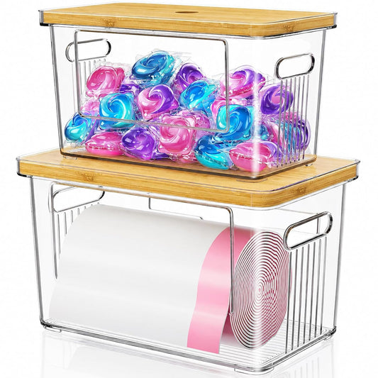 2 Pack Trash Bag Holder with Bamboo Lid for Laundry & Dishwasher Pods, Acrylic Trash Bag Dispenser Roll Containers Under Sink, Plastic Container Garbage Bags Storage Organizer for Kitchen,Cabinet, Pod