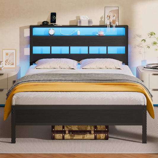 Full Size Bed Frame, Storage Headboard, LED & Char... (Black Oak)