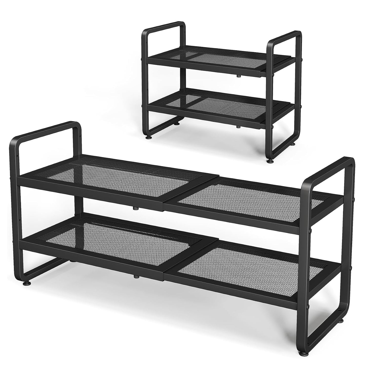 Expandable Metal Shoe Rack for Closet, Entryway & Garage, 2-Tier, Black | Adjustable Height for Boots, Stackable Design, Dense Mesh Shelves for Heels, Fits Small Spaces, Apartments and Rentals