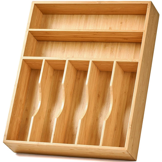 Bamboo Kitchen Drawer Organizer, 13 Inch Silverware Utensil Tray Holder, Extra Deep Grooved Drawer Divider, 7 Slots Total Bamboo Wood Caddy for Flatware Cutlery Knives, Forks, Spoons