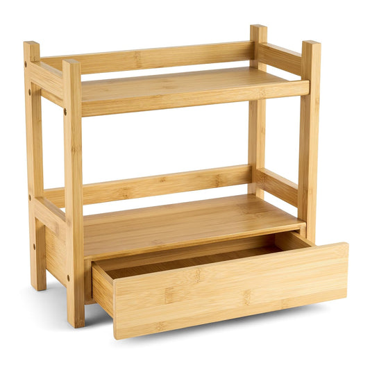 Sorbus 2-Tier Bamboo Countertop Shelf with Hidden Drawer for Vanity, Matcha Shelf, Bathroom Storage Cabinet, Under Sink Organizer, Bathroom Storage, Matcha Station Shelf (13″ L x 6.5″ W x 12.6″ H)