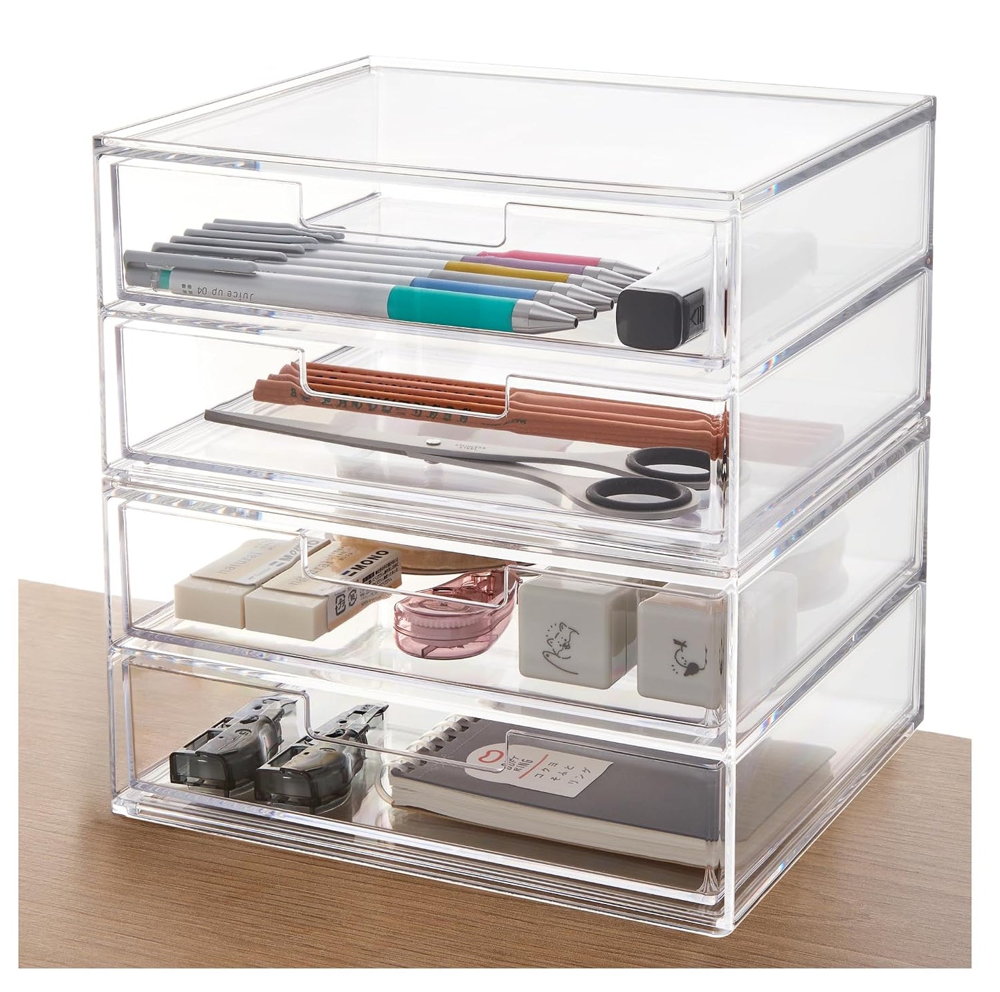 STORi Stackable Desk Drawer Organizer, Clear Pen Pencil Makeup Brush Holder for Desktops and Vanities, 4 Wide Drawers (Made in USA)