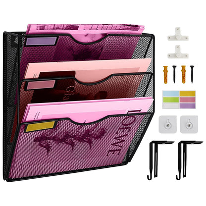 3 Pockets Mesh Wall File Holder Organizer Office Hanging File Folder Magazine Rack, Nametag Label Hooks Set Included (Black)