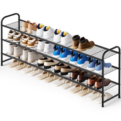 3-Tier Long Shoe Rack for Closet Metal Shoe Organizer for Entryway, Wide Stackable Shoe Storage Shelf with Sturdy Wire Grid for Closet Floor, Bedroom, Black