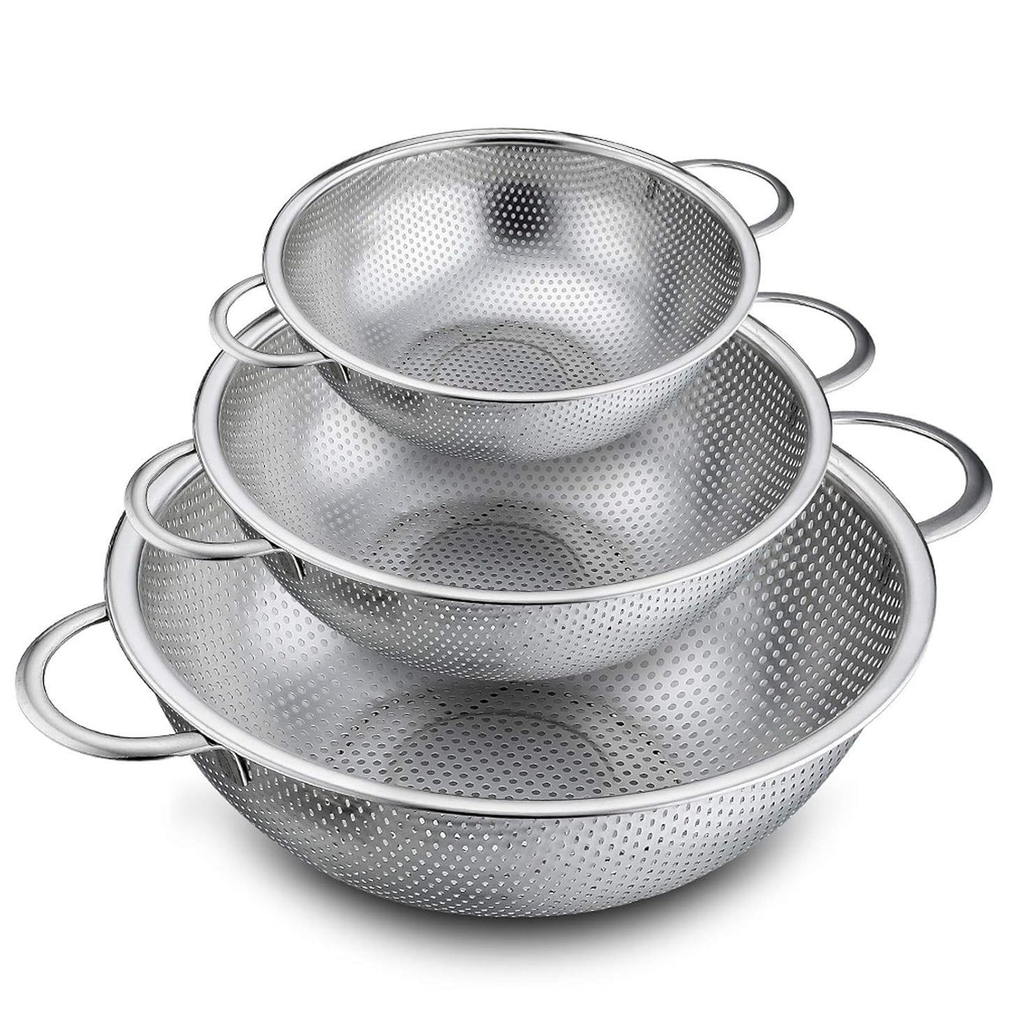 P&P CHEF Colander Set of 3, 1/3/5 Qt, Stainless Steel Colanders Strainers | Metal Micro-Perforated Colanders and Strainers for Draining Rinsing Washing, Ideal for Pasta Fruits, Dishwasher Safe