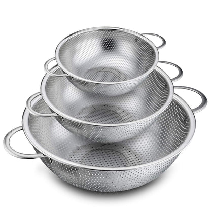 P&P CHEF Colander Set of 3, 1/3/5 Qt, Stainless Steel Colanders Strainers | Metal Micro-Perforated Colanders and Strainers for Draining Rinsing Washing, Ideal for Pasta Fruits, Dishwasher Safe