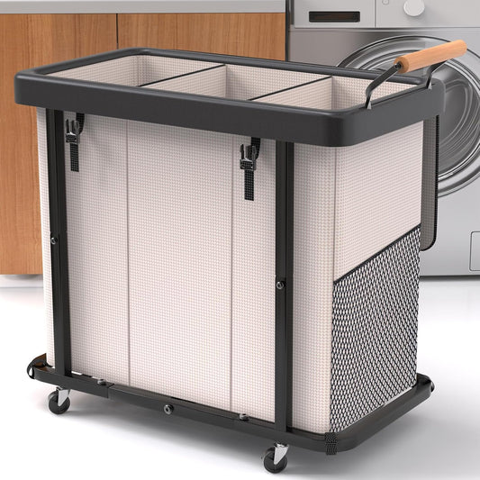 Laundry Hamper 3 Section,230L (60Gal) Rolling Dirt... (White-3 Section)