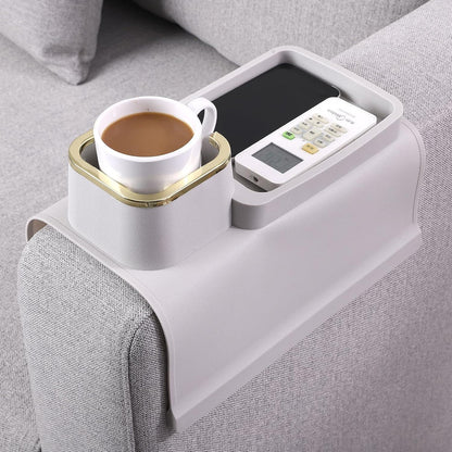 Couch Cup Holder Tray – Weighted Silicone Sofa Armrest Organizer Table with Anti-Spill Coaster, Easy Reach for Drink, Snacks, Remote & Phone, Non-Slip Base, Easy Clean