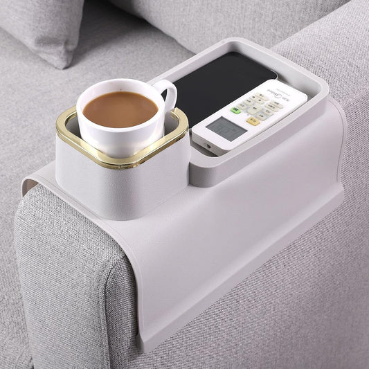 Couch Cup Holder Tray – Weighted Silicone Sofa Armrest Organizer Table with Anti-Spill Coaster, Easy Reach for Drink, Snacks, Remote & Phone, Non-Slip Base, Easy Clean