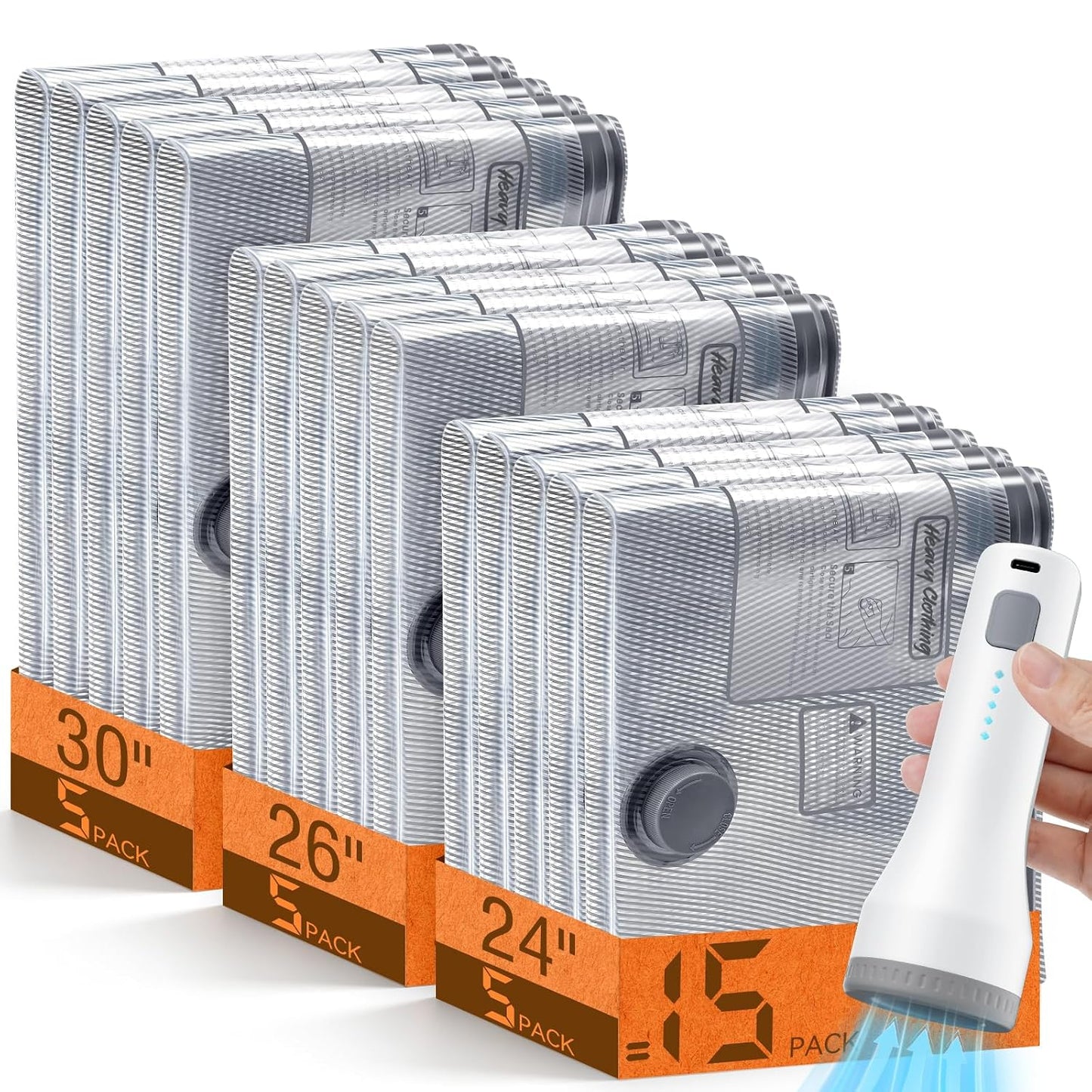 15 Pack Vacuum Storage Bags for Travel with Cordless Pump, Space Saver Bags for Clothes, Compression Packing Bags for Luggage, 15 Combo Size