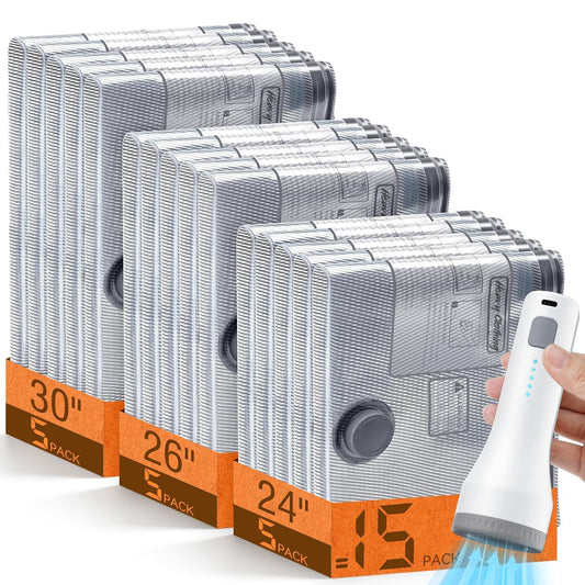 15 Pack Vacuum Storage Bags for Travel with Cordle... (15 Count | Grey | PA+PE Material)