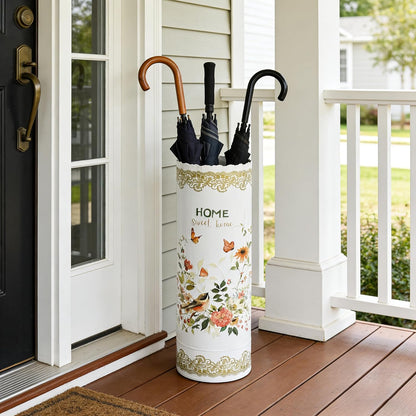 Vintage Metal Round Umbrella Holder Decorative Flower Design Umbrella Stands Entryway Organizer Bucket for Home/Office/Farmhouse - Holds Multiple Umbrellas, Walking Sticks & Canes Flower White