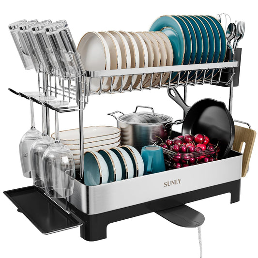 2 Tier Dish Drying Rack, Extra Large Dish Rack, Multifunctional Large Dish Drainers for Kitchen Counter, 304 Stainless Steel Kitchen Drying Rack, Bowl Drying Rack, Extendable Drain Spout, Black