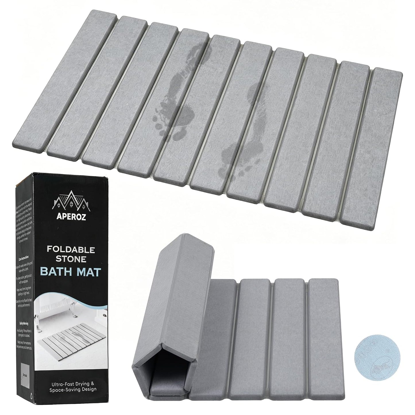 Foldable Stone Bath Mat, Diatomaceous Earth Non-Slip Shower Mat, Super Absorbent Quick Dry Bathroom Floor Mat, Compact for Small Bathrooms, 23.6 x 15.4 Inch, Grey
