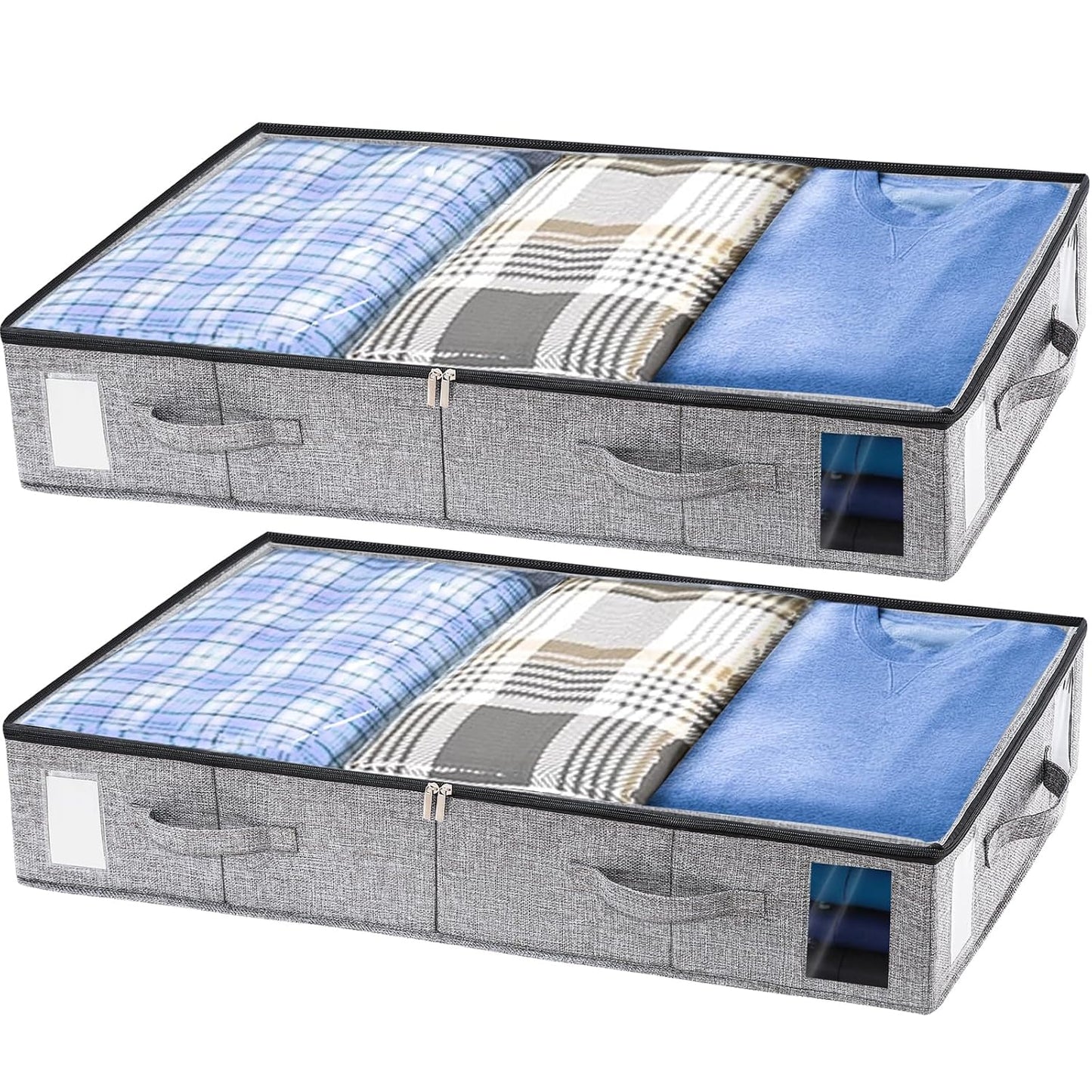 2 Pack Under Bed Storage Containers, Stackable Closet Organizers and Storage Bins with Sturdy Support, Foldable Underbed Clothes Storage Box for Blanket, Comforter, Sweater, Pillows, Shoes
