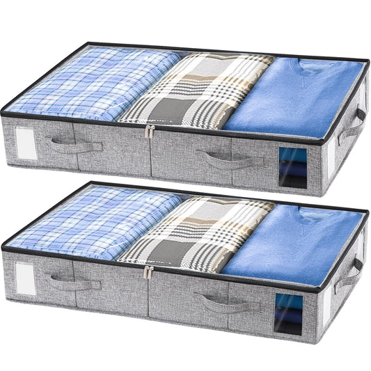 2 Pack Under Bed Storage Containers, Stackable Closet Organizers and Storage Bins with Sturdy Support, Foldable Underbed Clothes Storage Box for Blanket, Comforter, Sweater, Pillows, Shoes