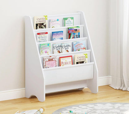 UTEX Kids Bookshelf Storage, Thick Cotton Sling Book Shelf for Kids Rooms | 4-Tier Toddler Magazine Book Rack, Children Book Organizer, Front Facing, Deep, Space Saving, Toddler Room, Gift, White