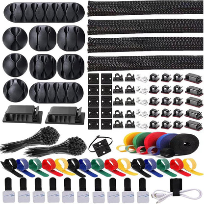 300PCS Cable Management Kit,4 Cable Sleeve 35 Cable Clips | 11Cord Holders,20 Roll Cable Organizer Straps, 200 Fastening Cable Ties,20 Cable Zip Tie Mounts for Computer TV Under Desk