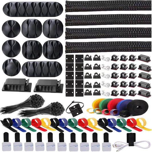 300PCS Cable Management Kit,4 Cable Sleeve 35 Cable Clips | 11Cord Holders,20 Roll Cable Organizer Straps, 200 Fastening Cable Ties,20 Cable Zip Tie Mounts for Computer TV Under Desk