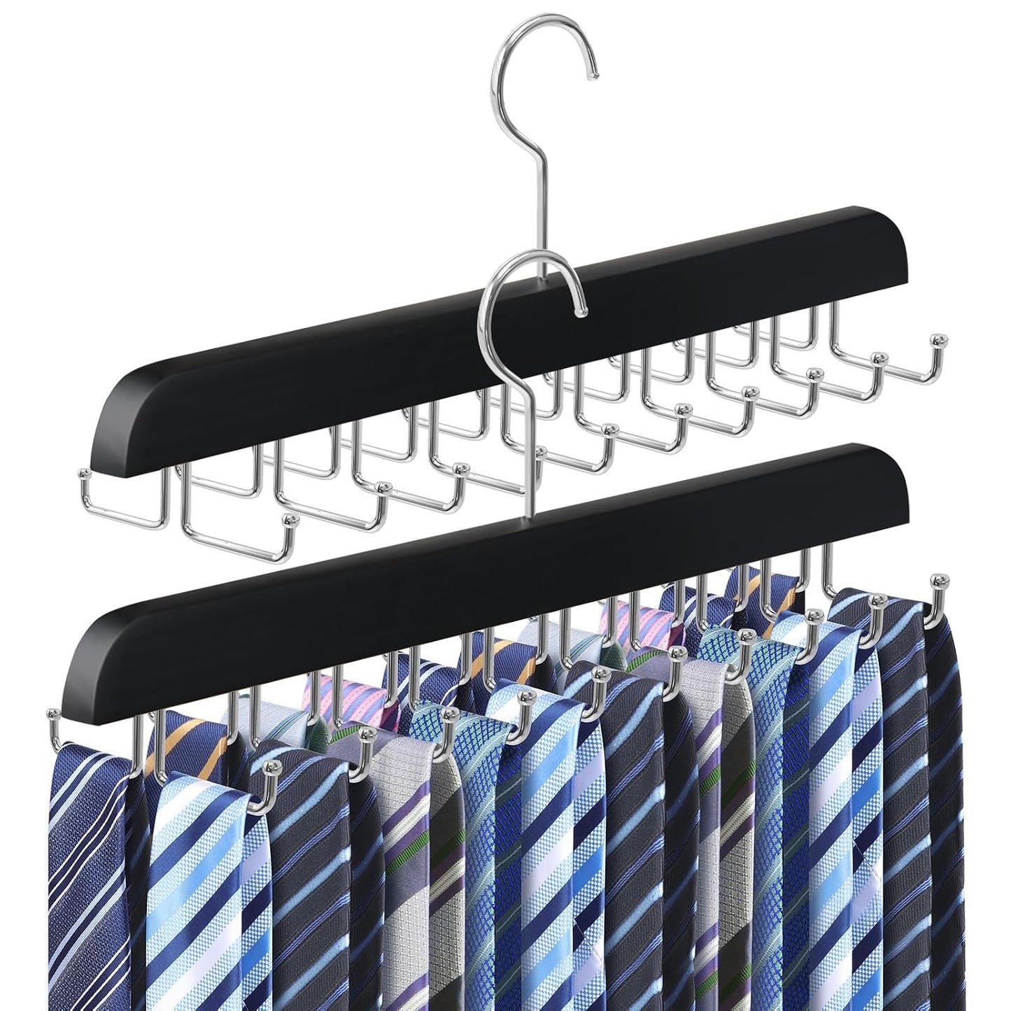 2PC Tie Rack Organizer, Tie Hanger for Closet with 20 Foldable Hooks, Black | Non Slip Neck Tie Organizer, Large Capacity, Space Saving, 360° Rotating Hook, Fits for Tank Tops Bras Cami Scarves